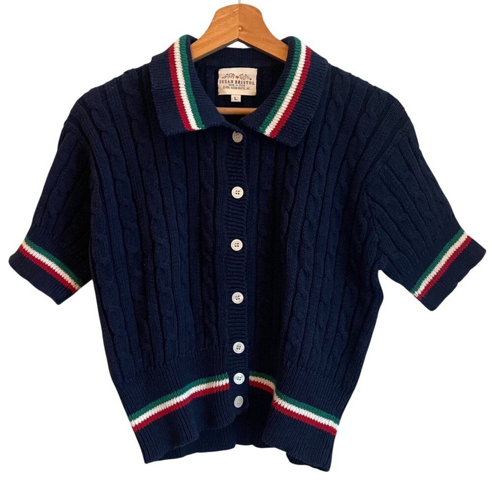 Vintage Susan Bristol Womens Preppy Cable Knit Cardigan Size L Old Money Tennis